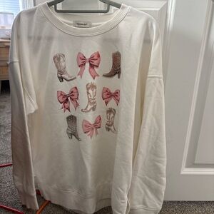 Francesca's White Sweatshirt with Pink Bow and Boot Accents